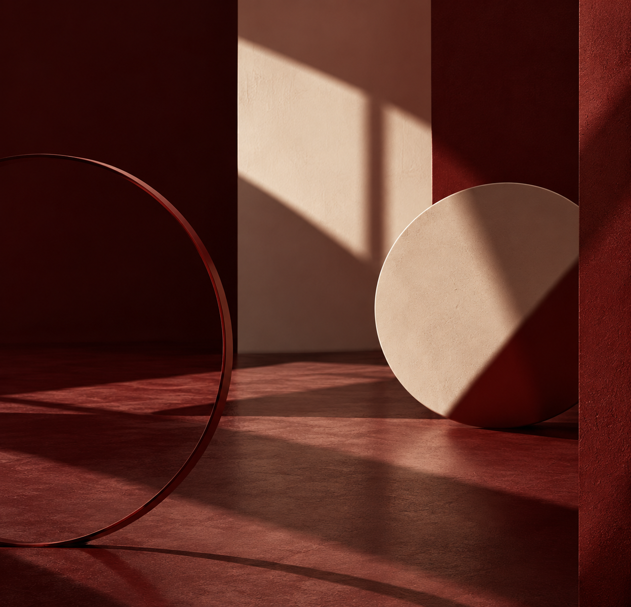 Cercle et disque en équilibre précaire dans une lumière rouge — image évoquant l'instabilité et la perte de repères